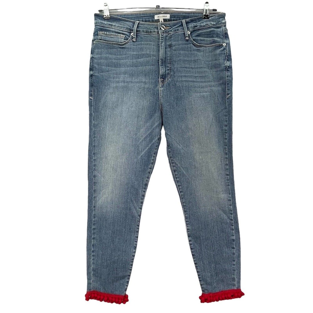 Good American Blue Straight Leg Jeans with Red Trim